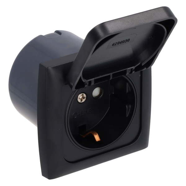 C-Line Steckdose 230V mit Klappdeckel und Opal Rahmen schwarz