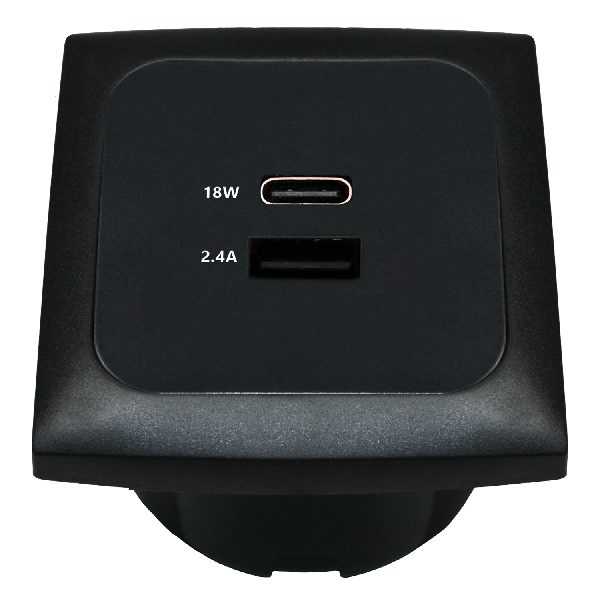 C-Line USB-Ladesteckdose mit USB-A und USB-C mit Opal Rahmen schwarz - ohne Verkaufsverpackung