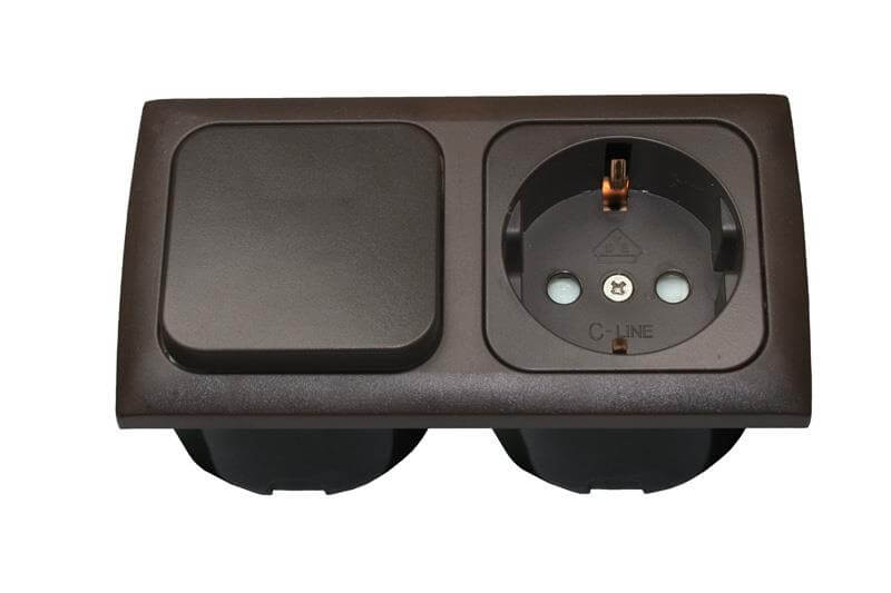 C-Line Kombi Schalter Steckdose 230V mit Opal 2-fach Rahmen braun - verpackt