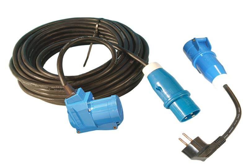 Verlängerungskabel 25 Meter Neopren 3x 1,5mm² - CEE-Stecker und Winkelkupplung - mit französischem Adapterkabel - in Kabeltasche - TEUN