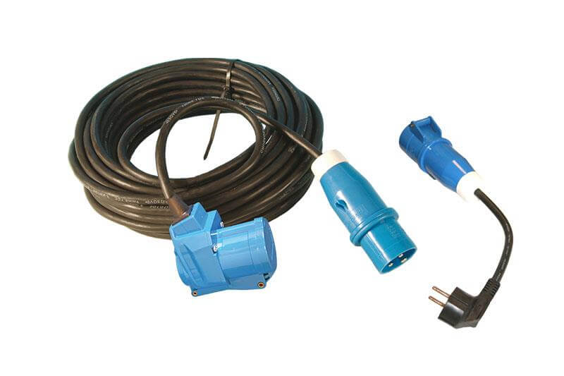 Verlängerungskabel 25 Meter Neopren 3x 1,5mm² - CEE-Stecker und Winkelkupplung - mit französischem Adapterkabel - in Kabeltasche - Viva